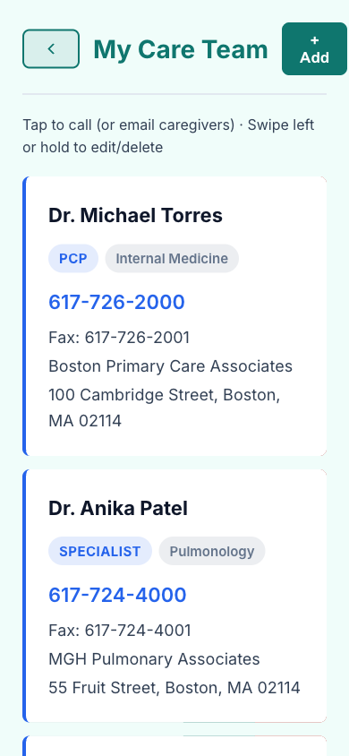 The Caredenza care team page with doctors and specialists