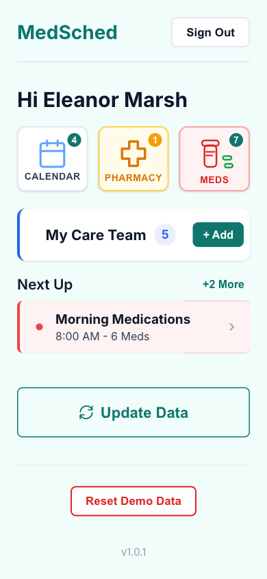 The Caredenza home hub on iPhone, showing today's medications and upcoming appointments
