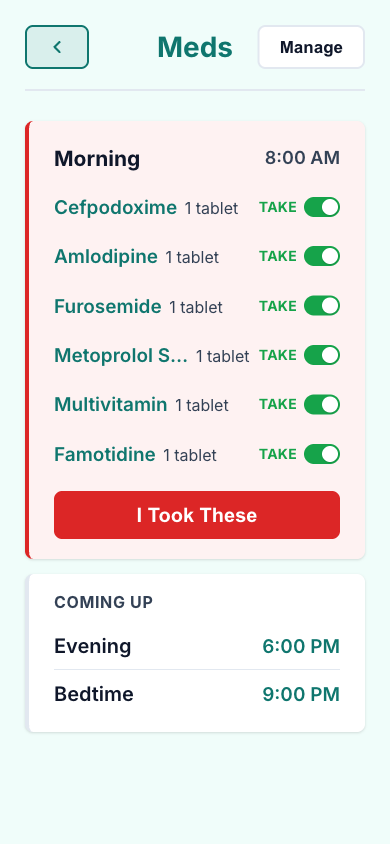The Caredenza medication list with reconciled changes highlighted
