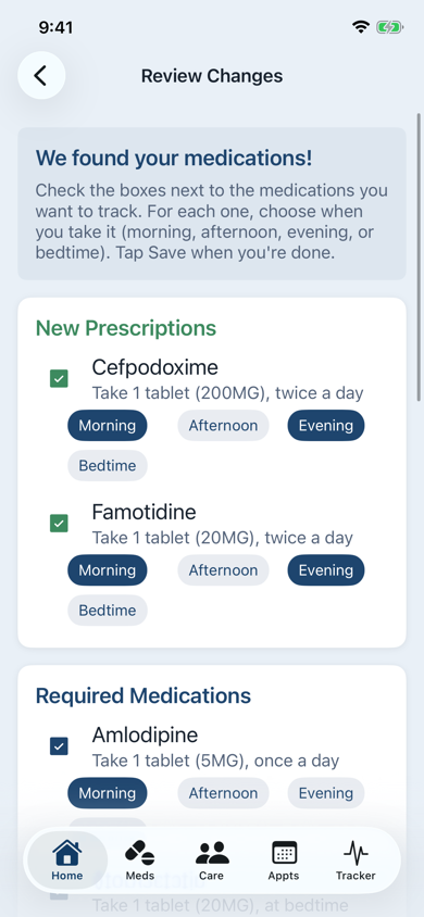 The CareDenza reconciliation screen listing newly found medications with checkboxes to confirm