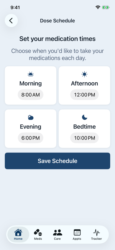 The CareDenza dose-schedule screen with morning, afternoon, evening, and bedtime times